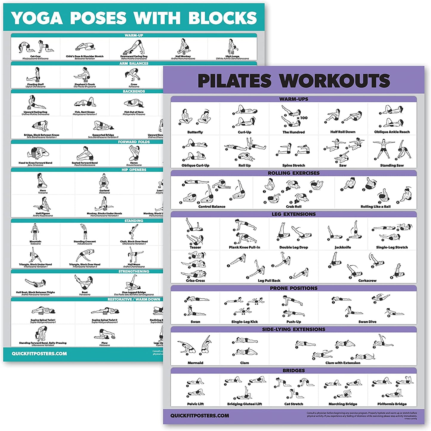 2 Pack - Yoga Block Poses + Pilates Exercise Poster Set