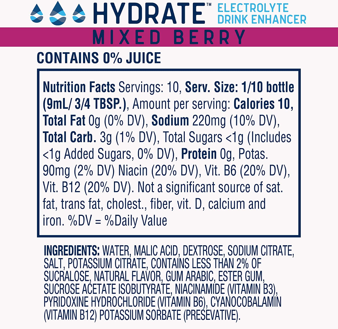 Hydrate Electrolyte Liquid Drink Enhancer Drops